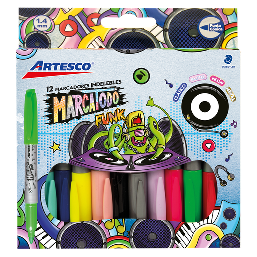 Marcadores marca Artesco con tinta de alta cobertura y colores vibrantes. Versatiles para escuela, oficina, arte y manualidades.