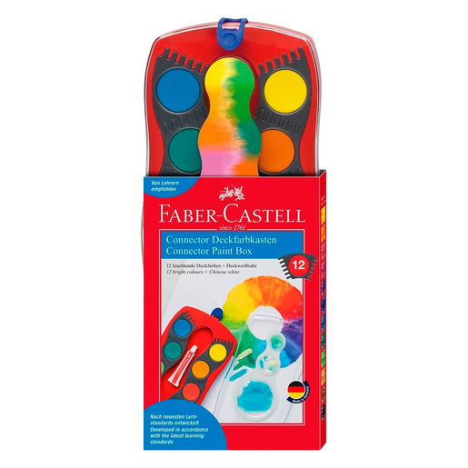 Acuarelas marca Faber-Castell de colores transparentes y mezcla suave. Ideales para ilustracion, dibujo y tecnicas humedas en escuela y arte.