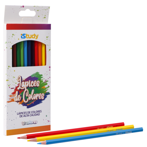 Lapices de colores marca iStudy con mina pigmentada y resistente. Trazos suaves, intensos y mezclables, ideales para dibujo, coloreado y proyectos escolares.