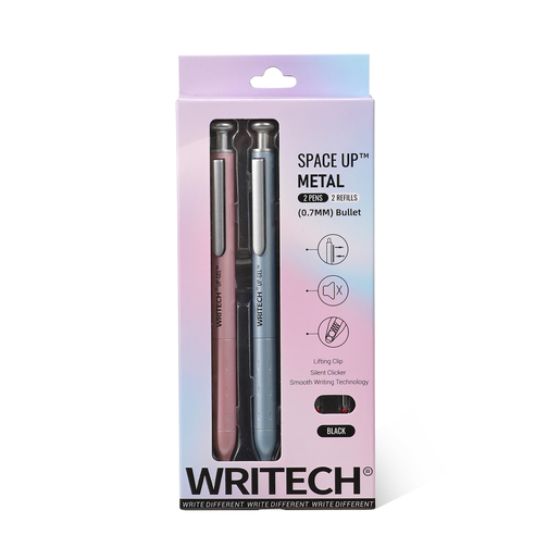 Bolígrafo fino Writech con cuerpo metálico de diseño elegante y escritura suave. Tinta de trazo uniforme para una experiencia cómoda y precisa. Acabado en azul, rosado. Ideal para uso ejecutivo, regalo o detalle profesional.