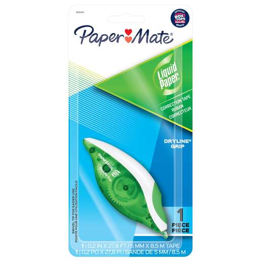 Corrector marca Paper Mate de aplicación uniforme y secado rápido. Cubre errores en papel para un acabado limpio en notas, exámenes y documentos.