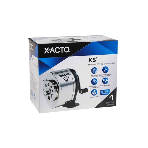 Sacapuntas marca X-Acto con cuchilla afilada que da punta uniforme a lapices y lapices de colores. Diseno practico con deposito de viruta.