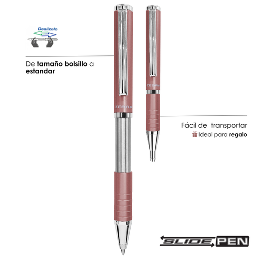 Bolígrafo fino Zebra línea Slide con cuerpo de diseño elegante y escritura suave. Tinta de trazo uniforme para una experiencia cómoda y precisa. Acabado en oro rosado. Ideal para uso ejecutivo, regalo o detalle profesional.