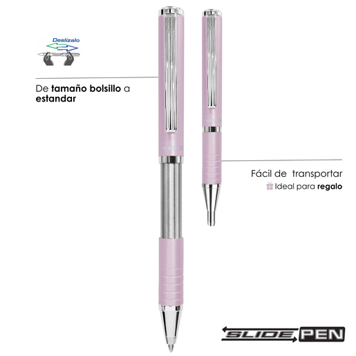 Bolígrafo fino Zebra línea Slide con cuerpo de diseño elegante y escritura suave. Tinta de trazo uniforme para una experiencia cómoda y precisa. Acabado en rosa. Ideal para uso ejecutivo, regalo o detalle profesional.