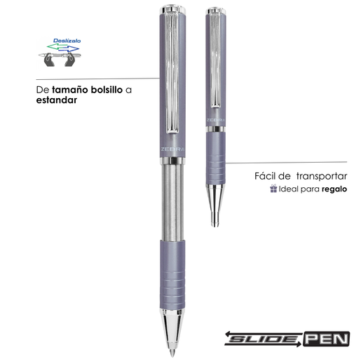 Bolígrafo fino Zebra línea Slide con cuerpo de diseño elegante y escritura suave. Tinta de trazo uniforme para una experiencia cómoda y precisa. Acabado en lavanda. Ideal para uso ejecutivo, regalo o detalle profesional.