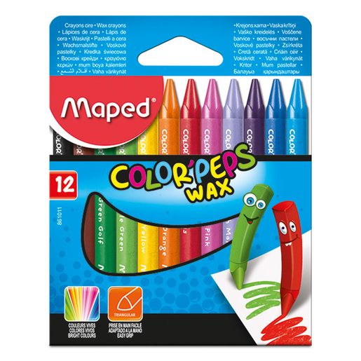 Crayones marca Maped de cera con colores intensos y aplicación suave sobre papel y cartón. Resistentes a la ruptura, perfectos para los más pequeños.