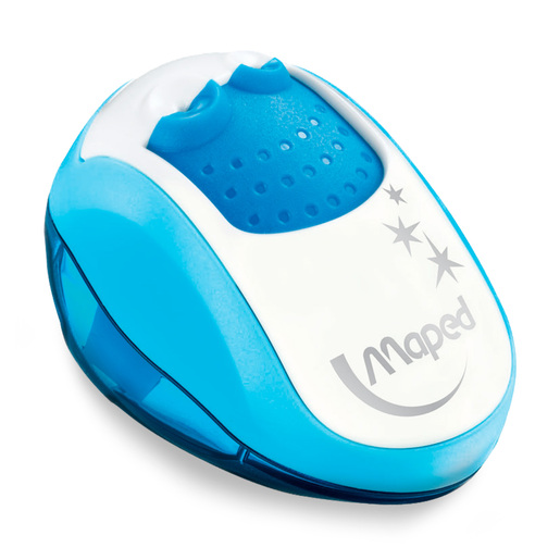 Sacapuntas marca Maped con cuchilla afilada que da punta uniforme a lapices y lapices de colores. Diseno practico con deposito de viruta.